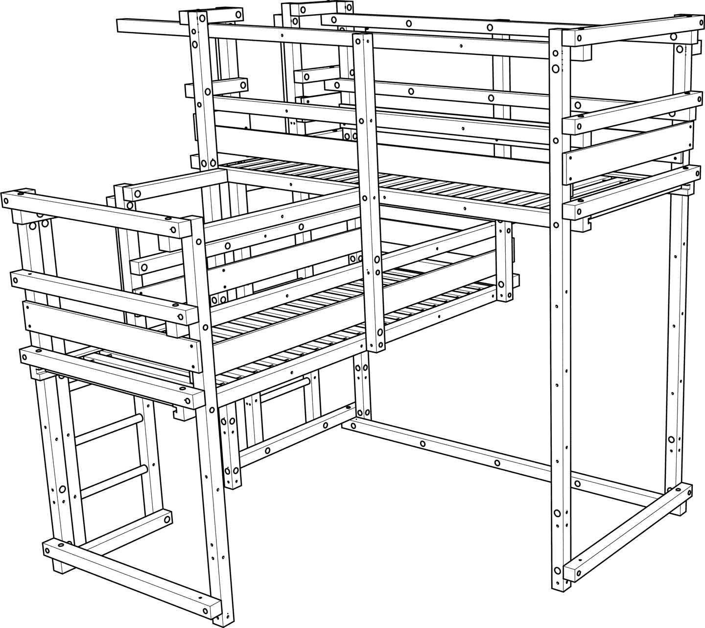 Bi-level bunk bed with both ladders on the same side Bi-level bunk bed with both ladders on the same side