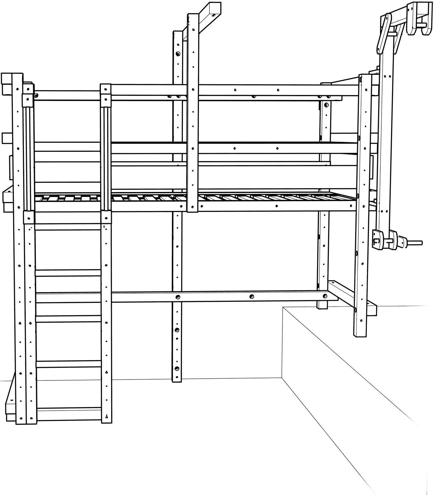Loft bed shortened on one side (stands on a platform) Loft bed shortened on one side (stands on a platform)