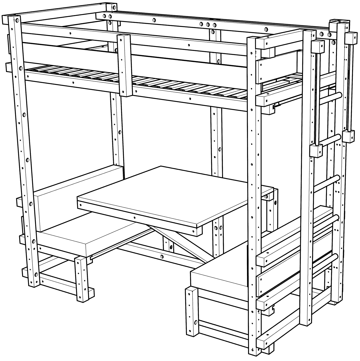 Bunk bed with table and seating area, ladder on the short side Bunk bed with table and seating area, ladder on the short side
