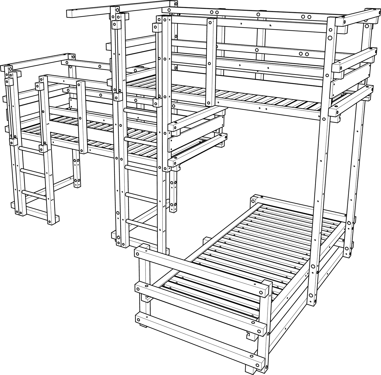 L-shaped triple bunk bed over corner offset to the side L-shaped triple bunk bed over corner offset to the side